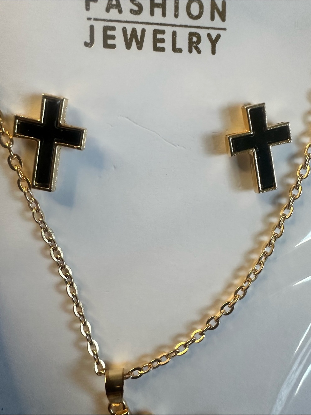 Gold Tone Necklace and Cross Stud Earrings Set in Black